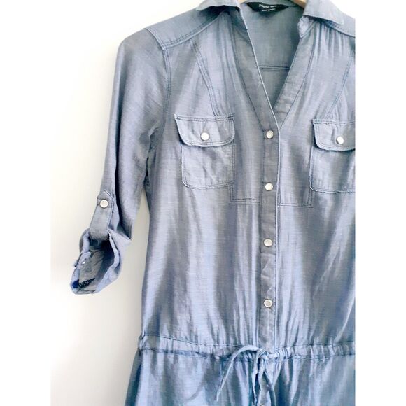 Paper Tee 100% Cotton Light Chambray Drawstring Waist Button TShirt Tunic Dress - Picture 5 of 12